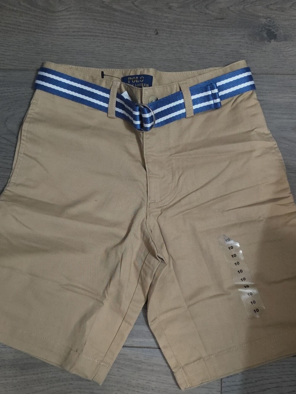 Kids Polo by Ralph Lauren Tan Chino Shorts with Blue & White Stripe Belt